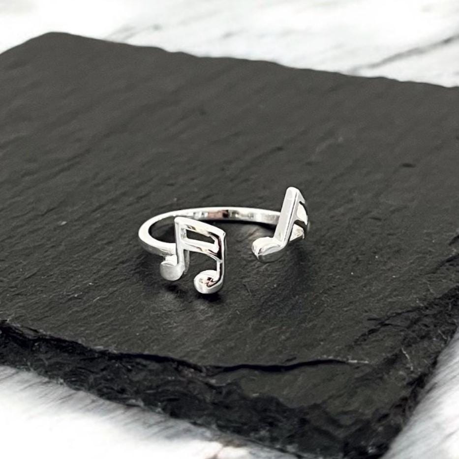 Sterling Silver Music Note Ring: Adjustable Open Band, Gift for Musician