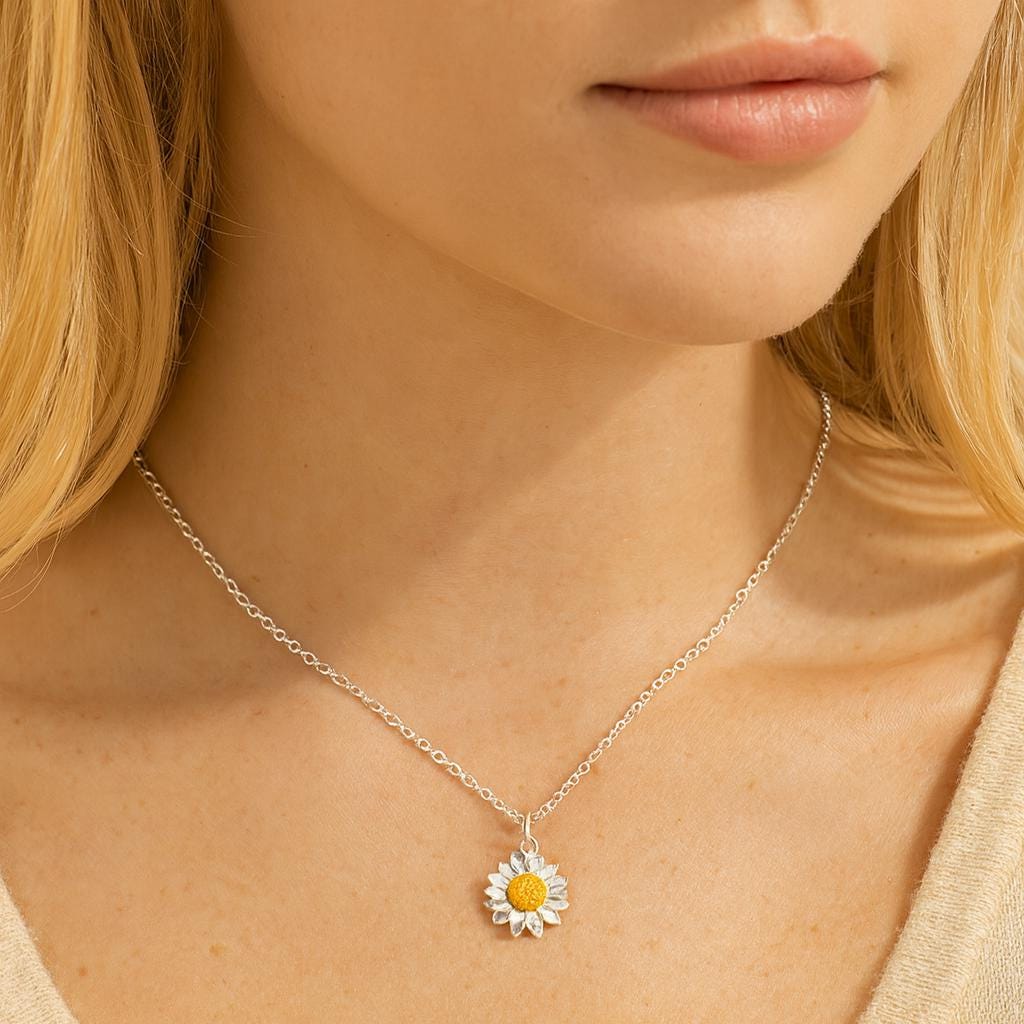 Sterling Silver Daisy Necklace : Large Flower Pendant on Silver Chain