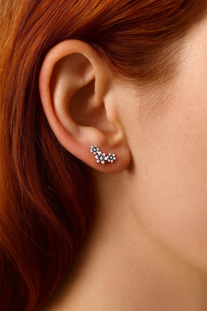 Sterling Silver Triple Flower Stud Earrings : Dainty Floral Silver Earrings