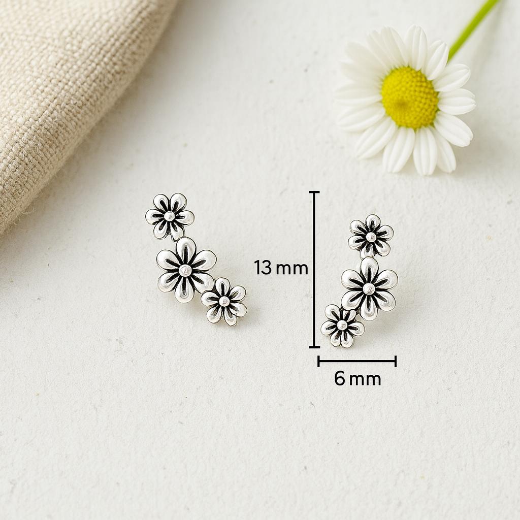 Sterling Silver Triple Flower Stud Earrings : Dainty Floral Silver Earrings