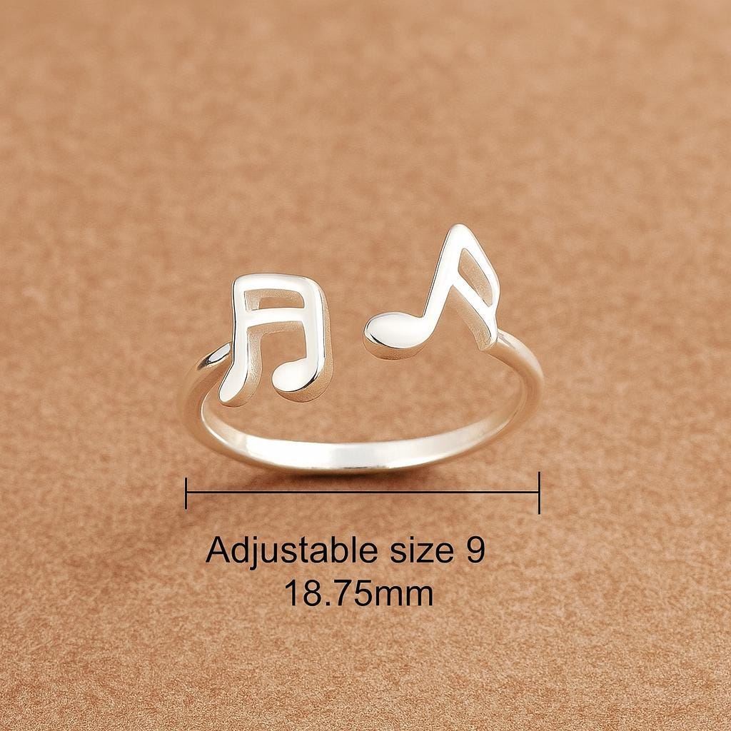Sterling Silver Music Note Ring: Adjustable Open Band, Gift for Musician