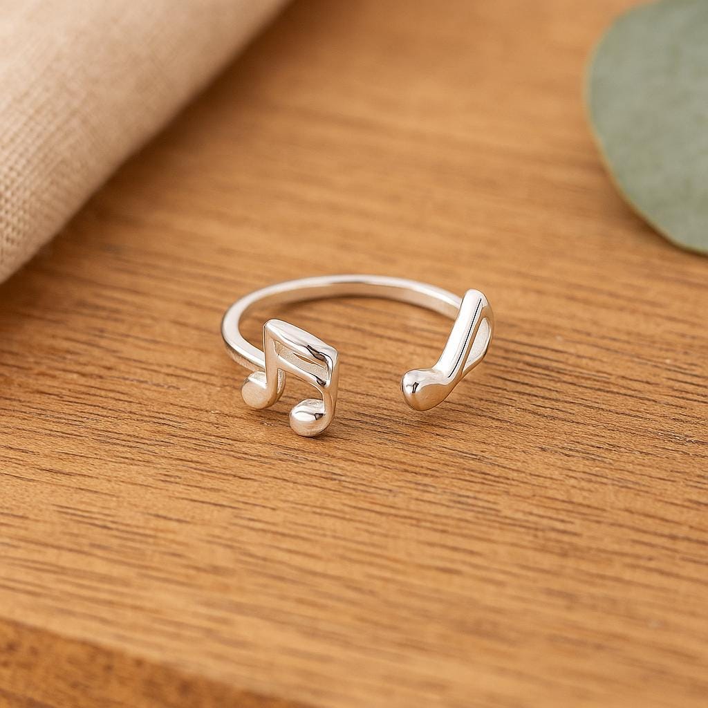 Sterling Silver Music Note Ring: Adjustable Open Band, Gift for Musician