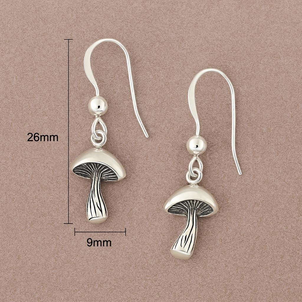 Sterling Silver Woodland Mushroom Drop Earrings : Fairy Core Boho Jewellery