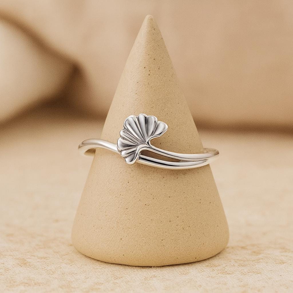 Sterling Silver Ginkgo Ring Size 7 : Nature Inspired Leaf Jewellery