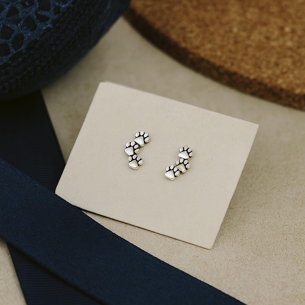 Sterling Silver Paw Stud Earrings: Animal Lover Gift