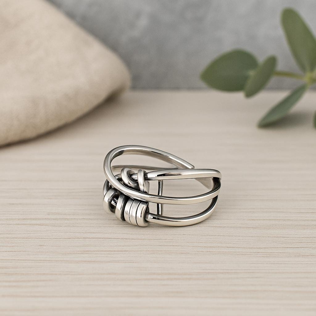 Sterling Silver Fidget Ring: Adjustable Layered Spinner