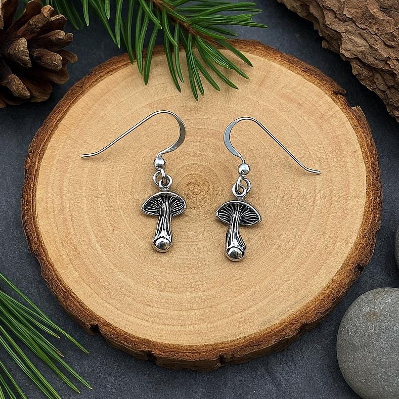 Sterling Silver Woodland Mushroom Drop Earrings : Fairy Core Boho Jewellery