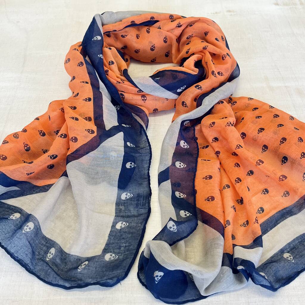 Orange And Navy Skull Print Scarf