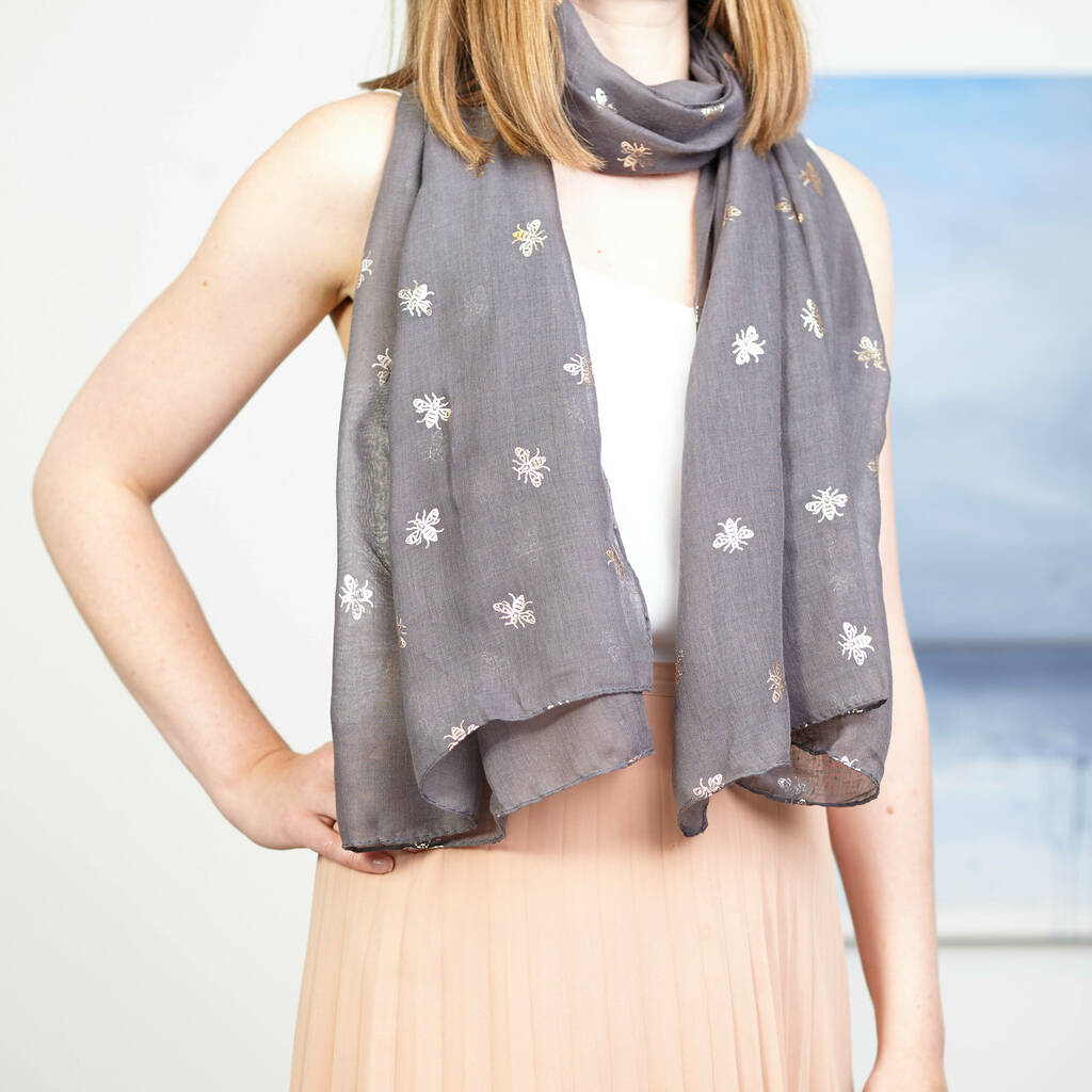 Metallic Bee Print Scarf And Grey Bee Magnetic Brooch