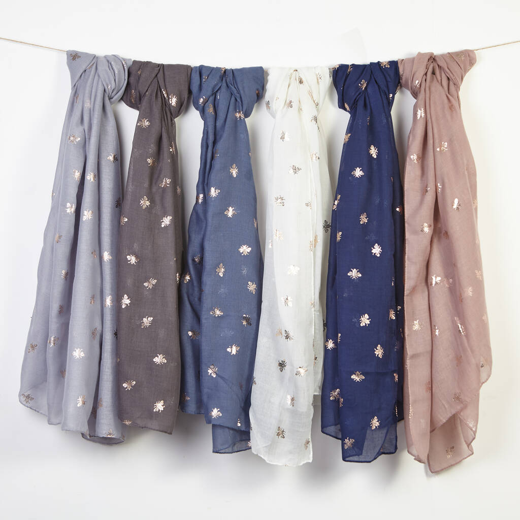 Metallic Bee Print Scarf And Grey Bee Magnetic Brooch