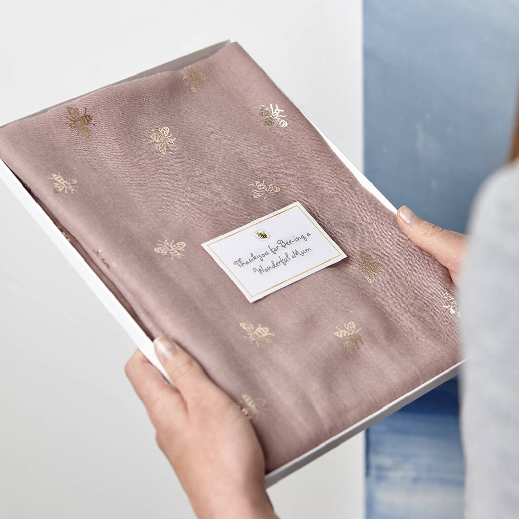 Metallic Bee Print Scarf And Grey Bee Magnetic Brooch