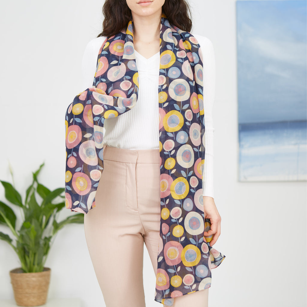 Navy Retro Flower Sketch Scarf