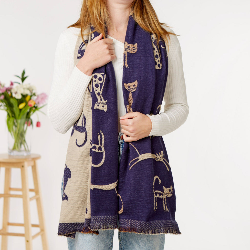 Navy Crazy Cat Print Scarf