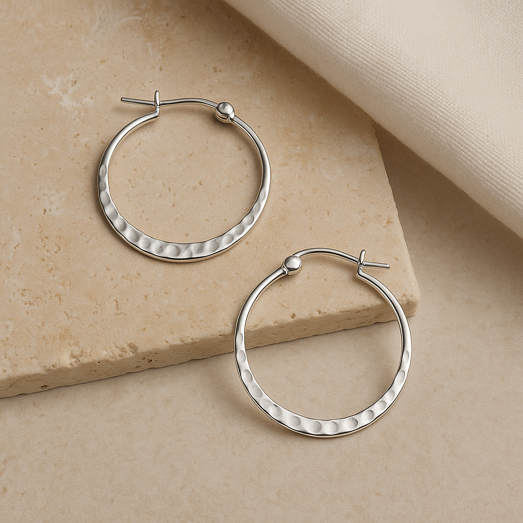 Sterling Silver Hammered Hoop Earrings : Minimalist Everyday Jewellery Gift