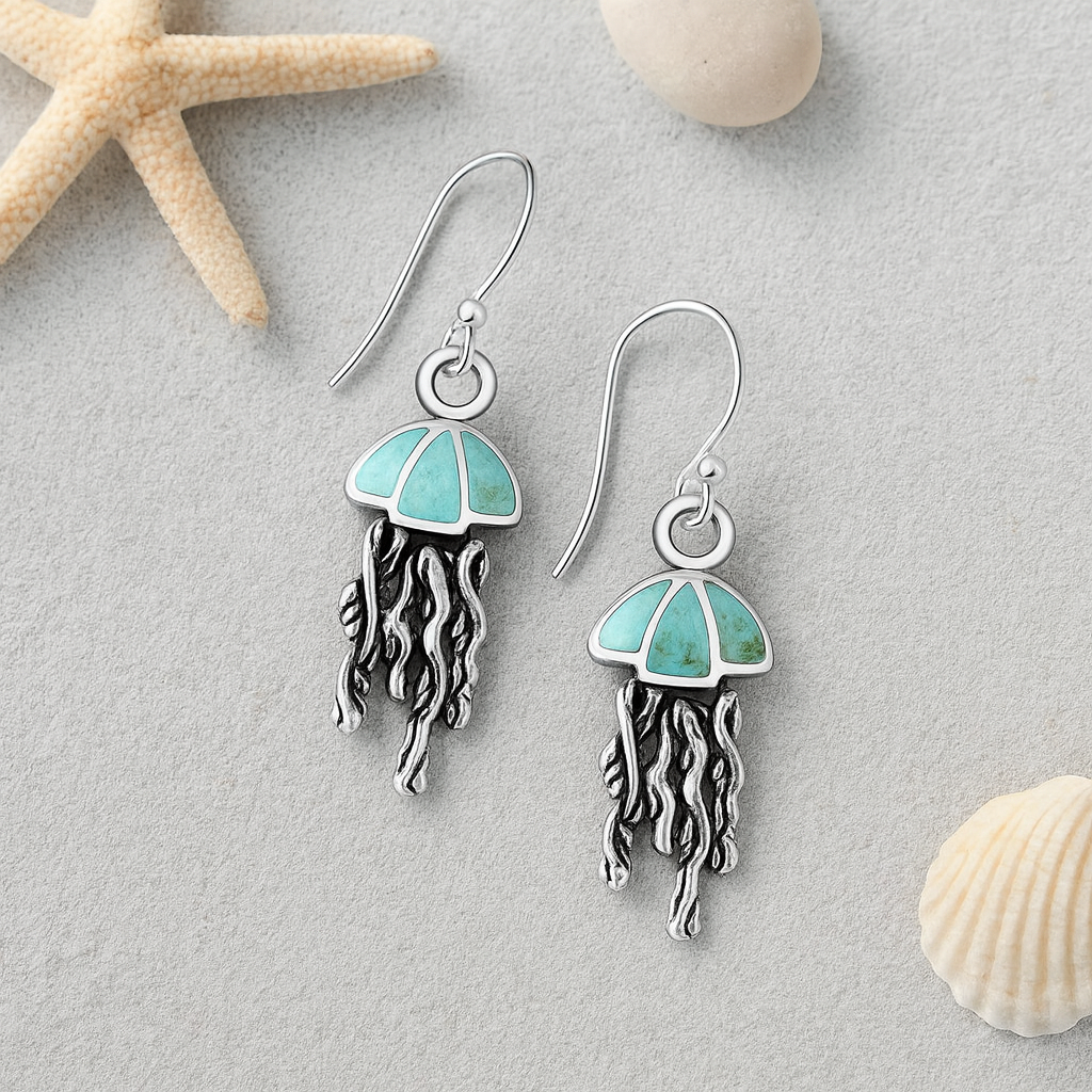 Turquoise Resin Sterling Silver Jellyfish Hook Earrings: Ocean/Coastal Jewellery Gift for Her