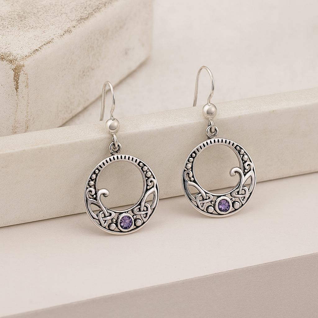 Sterling Silver Celtic Knot Amethyst Earrings : February Birthstone Dangle Earrings