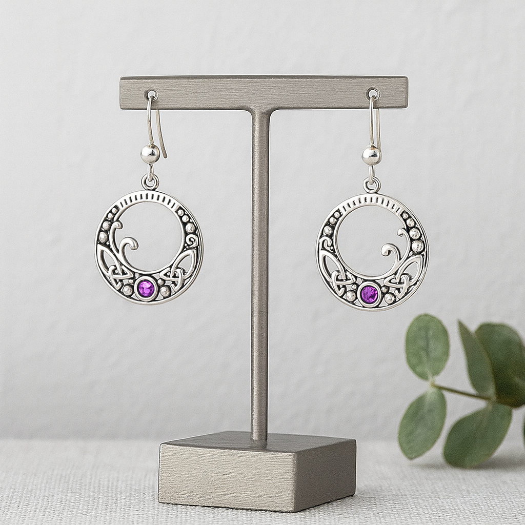 Sterling Silver Celtic Knot Amethyst Earrings : February Birthstone Dangle Earrings