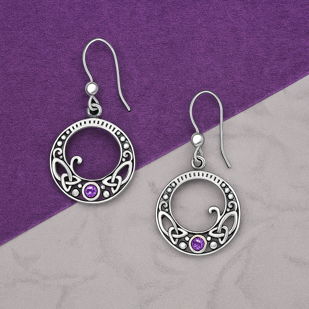 Sterling Silver Celtic Knot Amethyst Earrings : February Birthstone Dangle Earrings