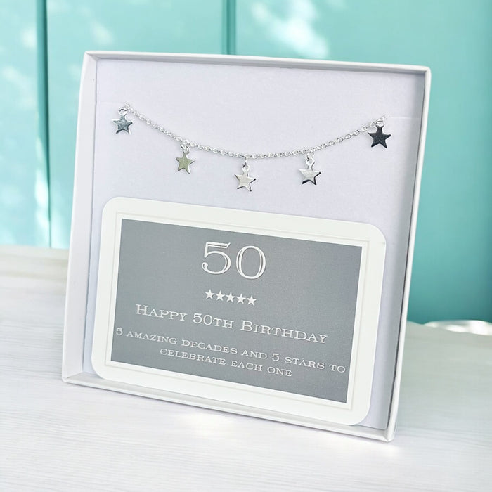 50th Birthday Sterling Silver Five Star Charm Bracelet