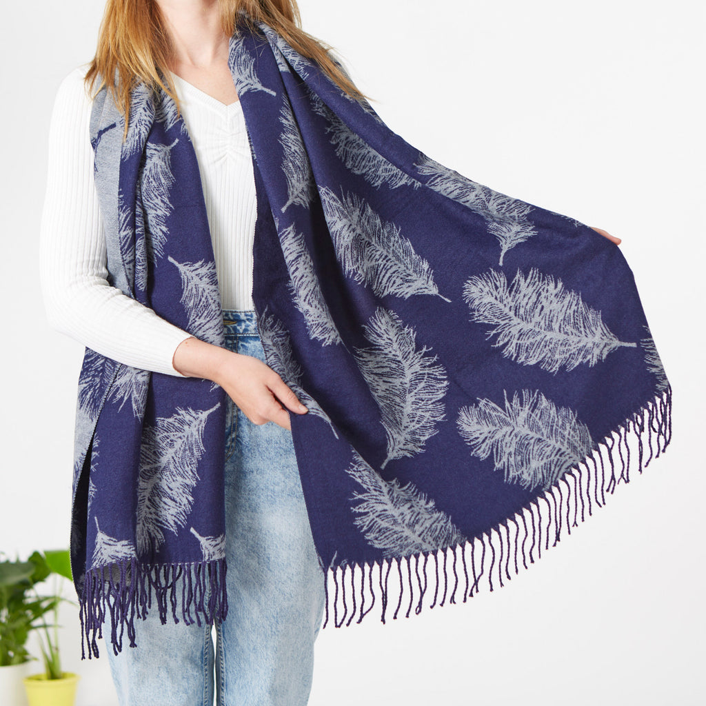 Navy Feather Print Scarf