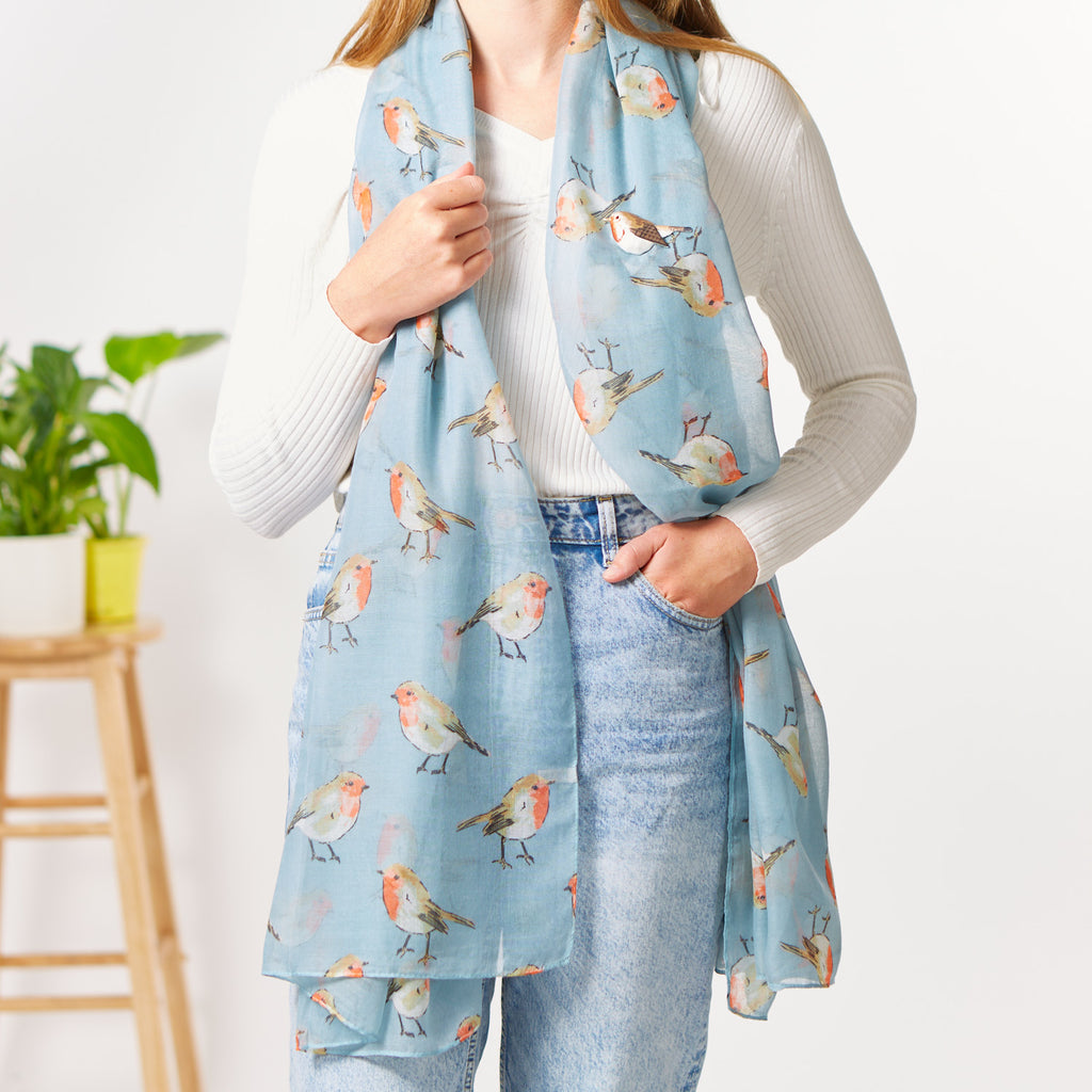 Sky Blue Robin Sketch Print Scarf