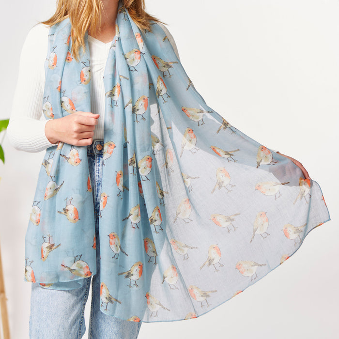 Sky Blue Robin Sketch Print Scarf