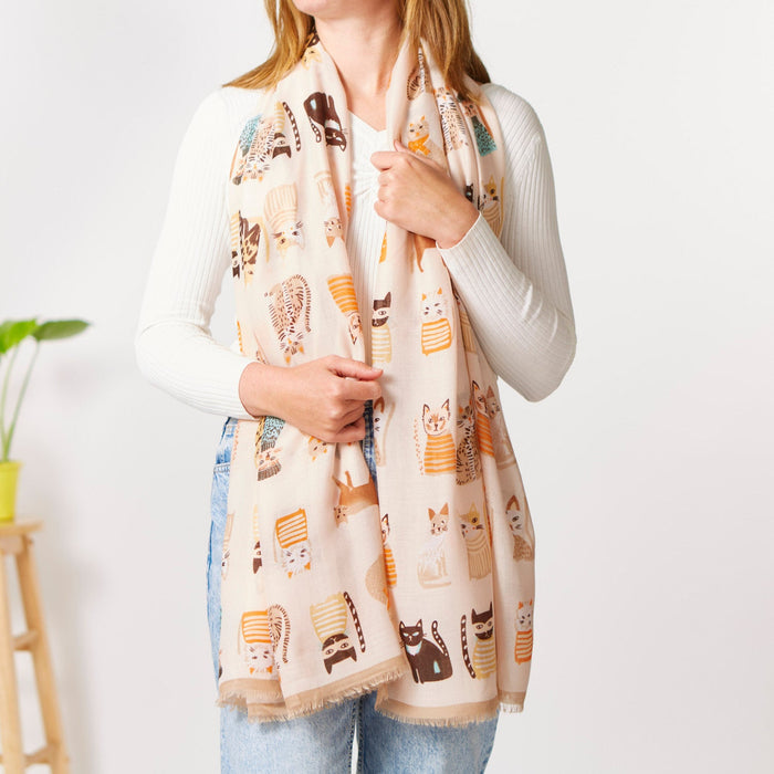 Cream and Beige Cat Print Scarf