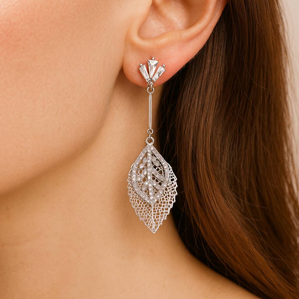 Statement Sparkle Leaf Drop Earrings