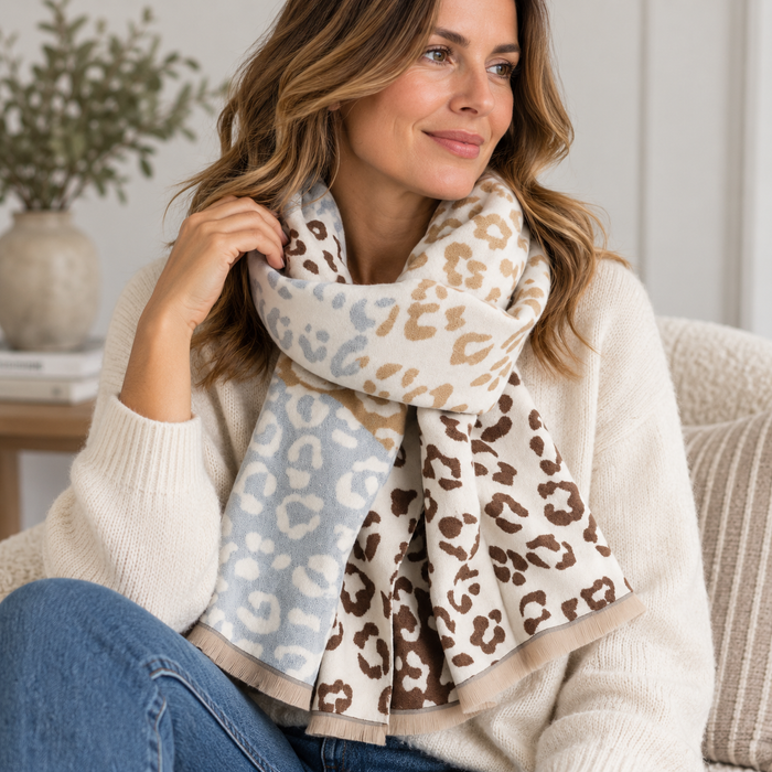 Cream Leopard Print Cozy Winter Scarf