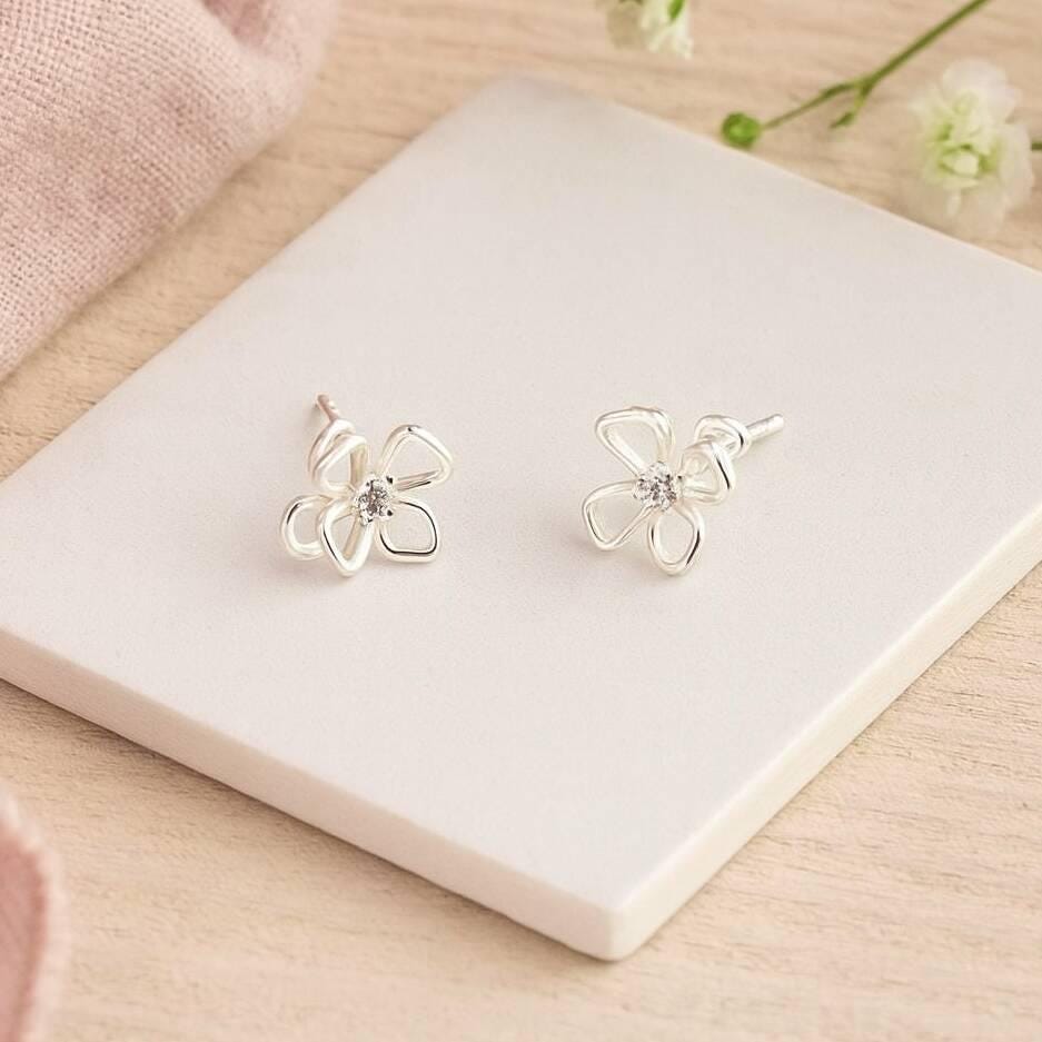 Sterling Silver Flower Stud Earrings: Cubic Zirconia Petal Design