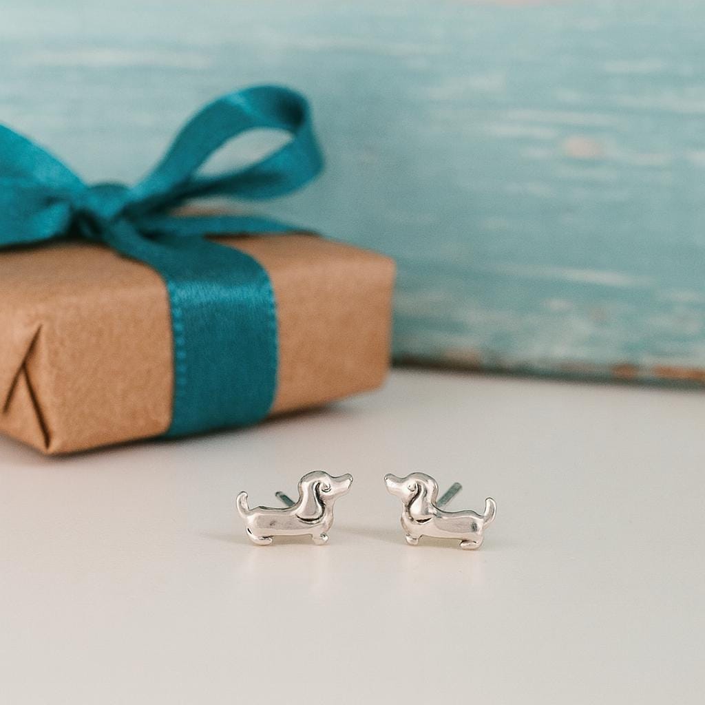 Sterling Silver Dachshund Stud Earrings: Sausage Dog Jewellery Gift