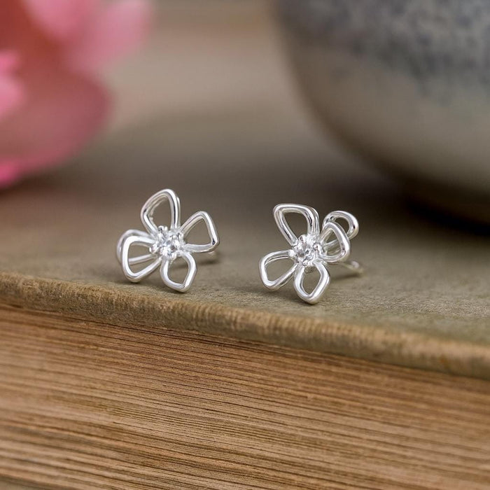 Sterling Silver Flower Stud Earrings: Cubic Zirconia Petal Design