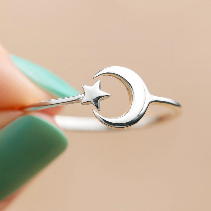 Sterling Silver Star and Moon Ring: Adjustable Celestial Jewellery
