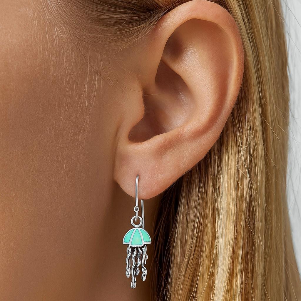 Turquoise Resin Sterling Silver Jellyfish Hook Earrings: Ocean/Coastal Jewellery Gift for Her