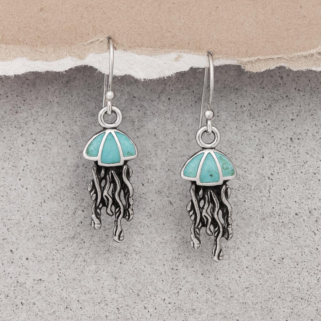 Turquoise Resin Sterling Silver Jellyfish Hook Earrings: Ocean/Coastal Jewellery Gift for Her