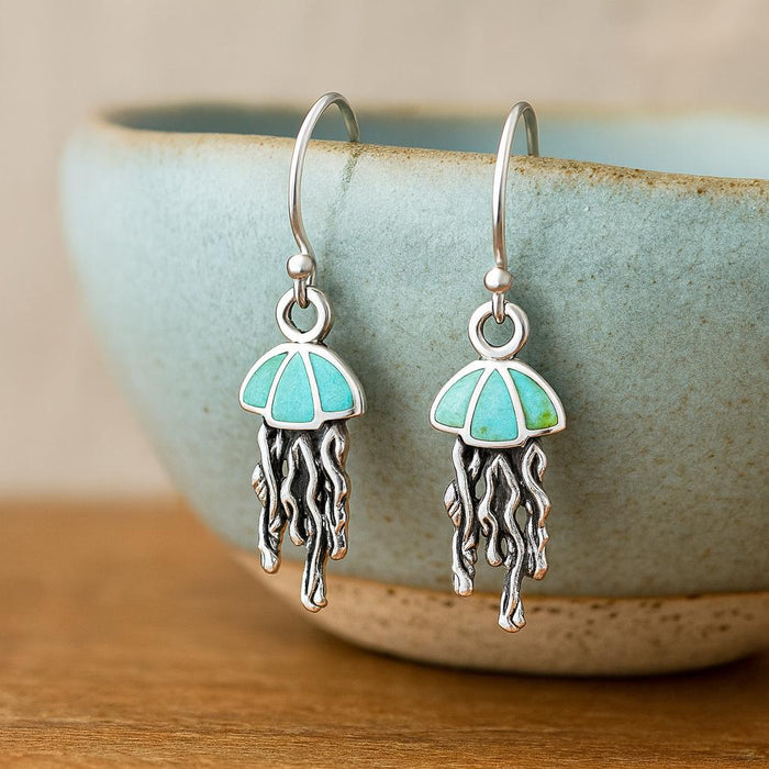 Turquoise Resin Sterling Silver Jellyfish Hook Earrings: Ocean/Coastal Jewellery Gift for Her