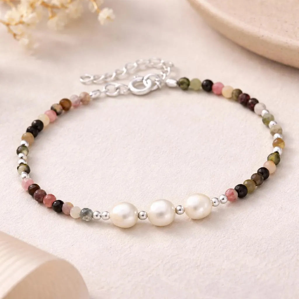 30th Birthday Sterling Silver Three Pearl Gemstone Bracelet