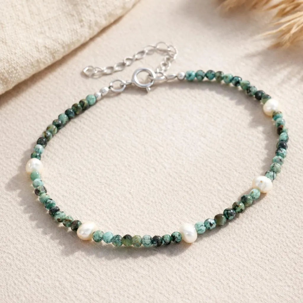 50th Birthday Sterling Silver Five Pearl Beaded Bracelet:Milestone Birthday Gift