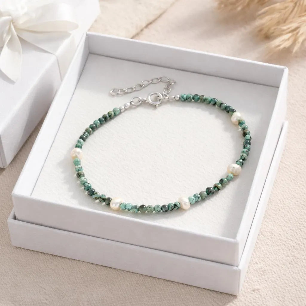 50th Birthday Sterling Silver Five Pearl Beaded Bracelet:Milestone Birthday Gift