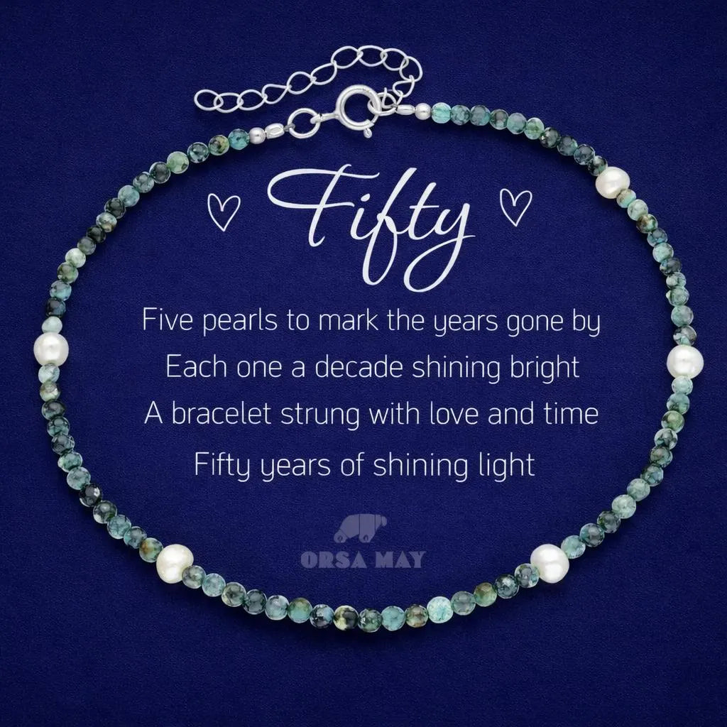 50th Birthday Sterling Silver Five Pearl Beaded Bracelet:Milestone Birthday Gift
