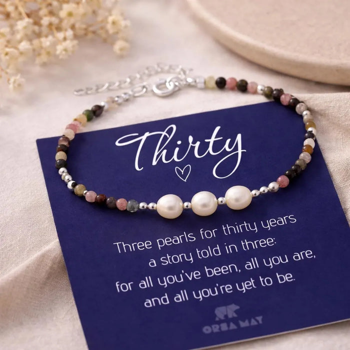 30th Birthday Sterling Silver Three Pearl Gemstone Bracelet