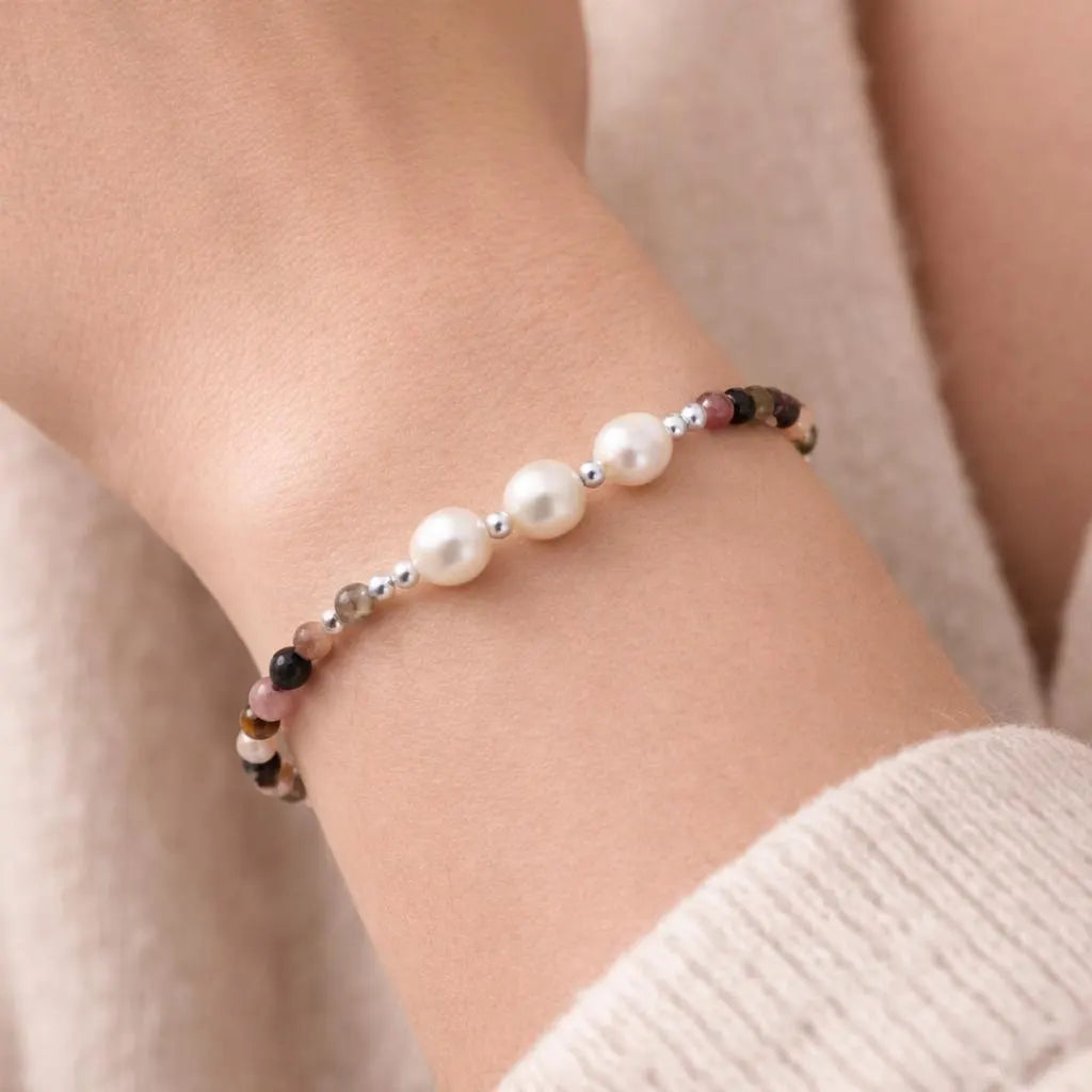 30th Birthday Sterling Silver Three Pearl Gemstone Bracelet