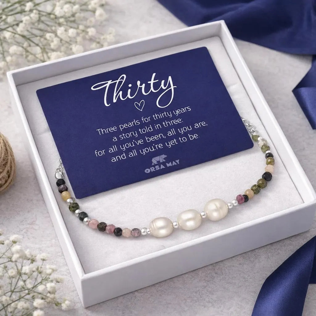 30th Birthday Sterling Silver Three Pearl Gemstone Bracelet