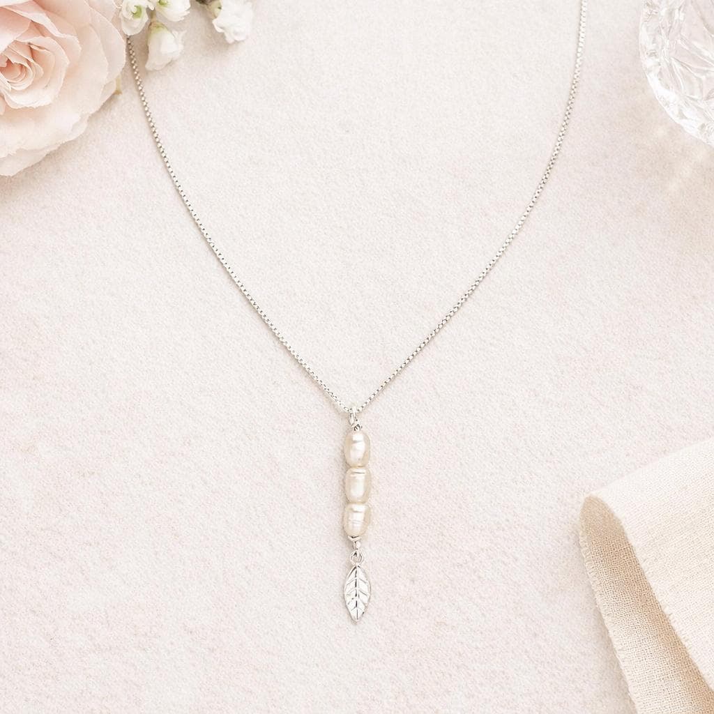 30th Birthday Sterling Silver Three Pearl Leaf Drop Necklace