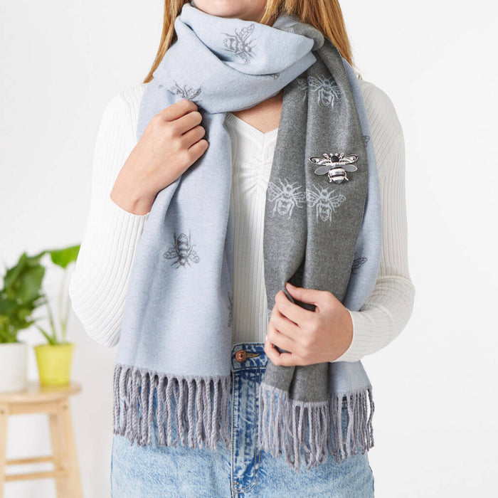 Baby Blue Cashmere Bee Scarf And Magnetic Brooch Set