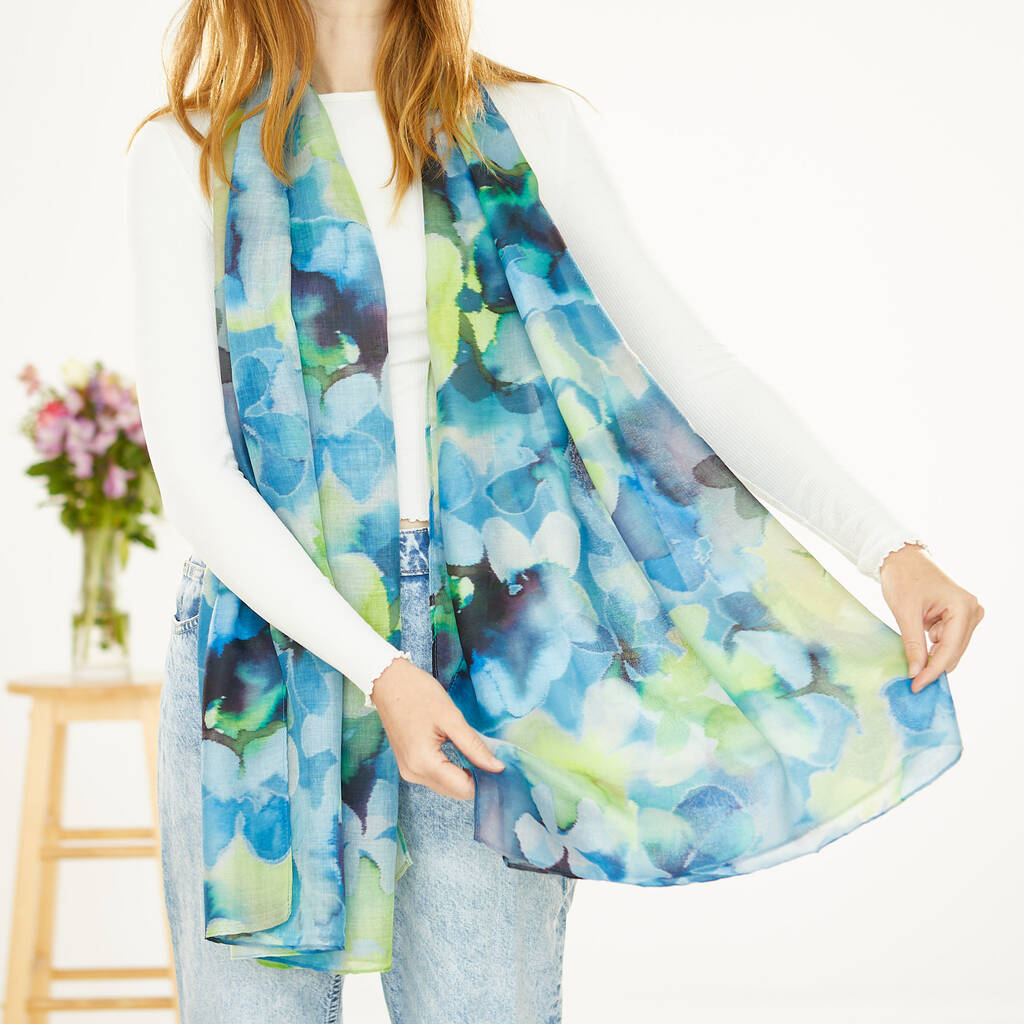 Blue And Green Tie Dye Floral Print Scarf
