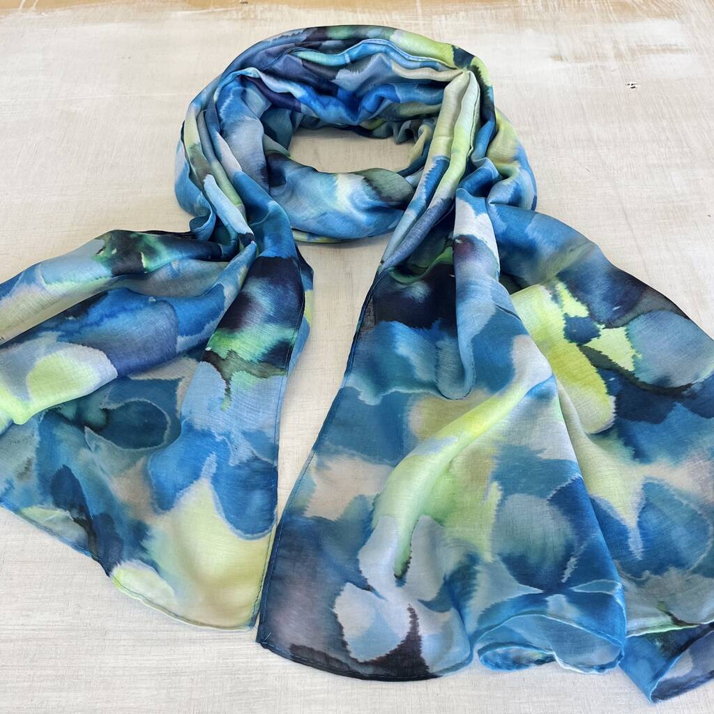 Blue And Green Tie Dye Floral Print Scarf