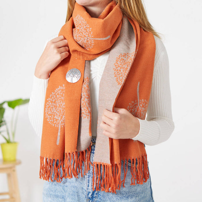 Burnt Orange Mulberry Cashmere Scarf and Brooch Set