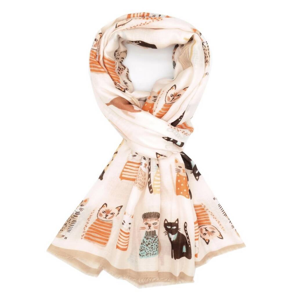 Cream and Beige Cat Print Scarf