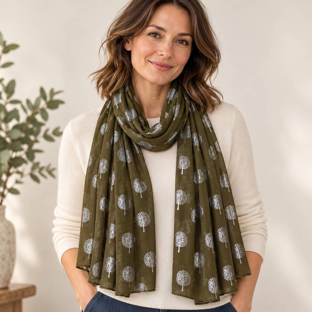 Metallic Silver Tree Of Life Cotton Blend Scarf